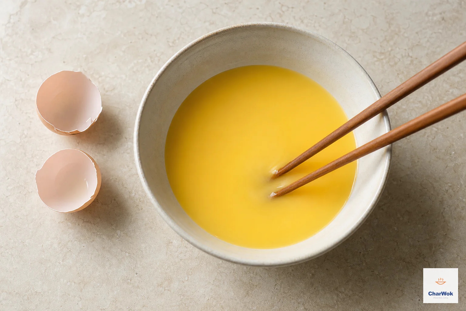 Two eggs and one tablespoon water are fully blended into a smooth fluid yellow mixture with no white streaks
