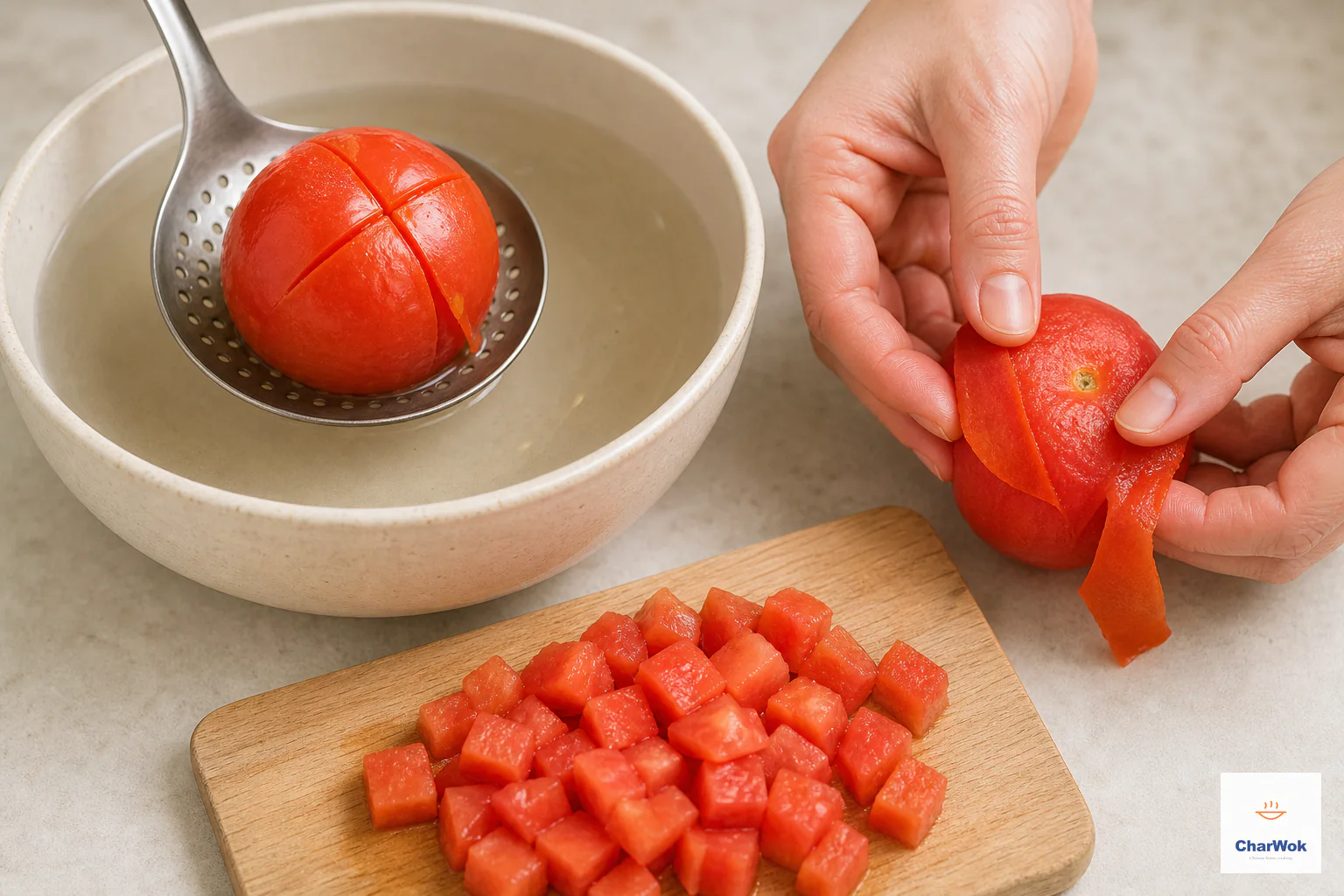 One scored tomato lifts from hot water, a second is peeled by hand, and peeled half-inch tomato cubes wait on a board
