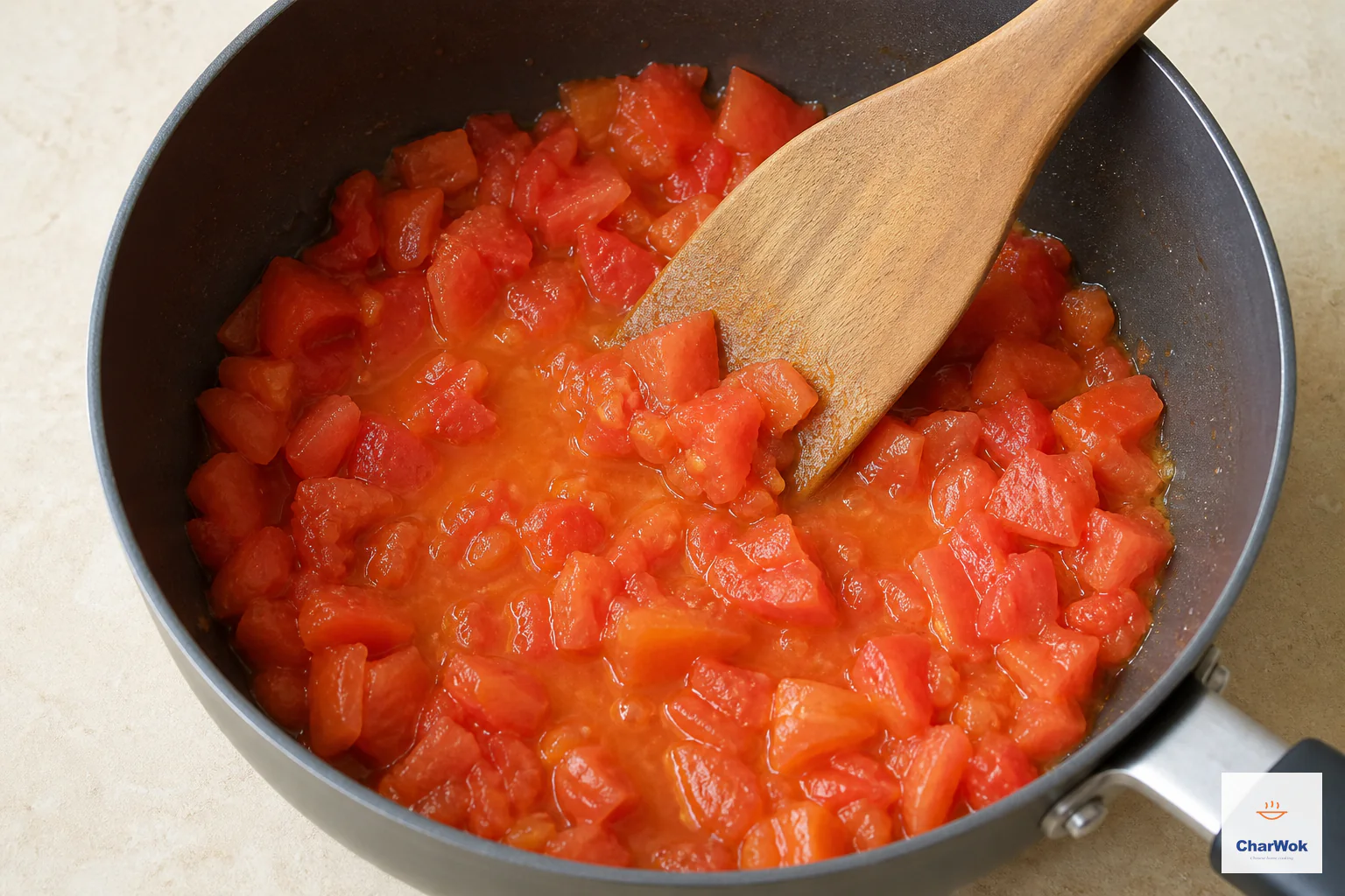 A wooden spatula presses softened peeled tomato cubes as a shallow orange-red pool of natural juice gathers in the saucepan