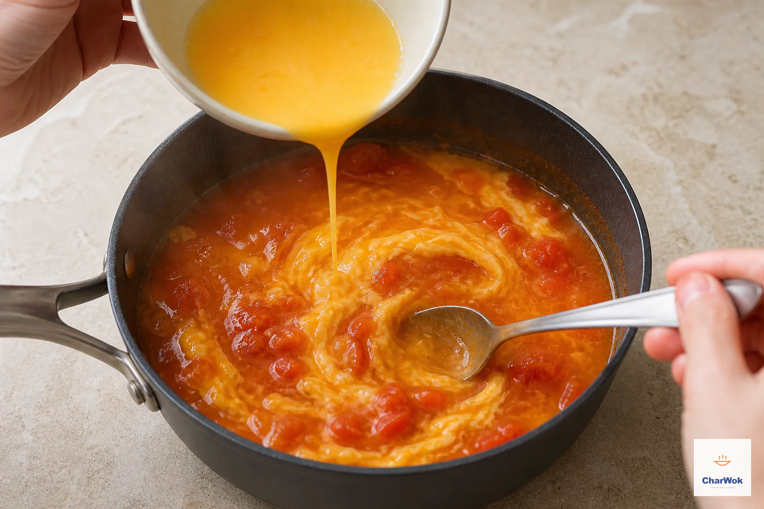 Smooth egg pours in one narrow stream while a spoon slowly swirls the gently simmering tomato broth into broad soft ribbons