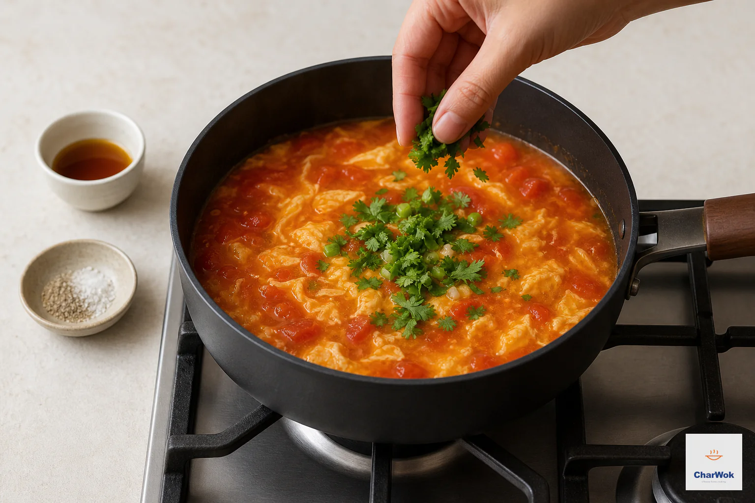Cilantro and scallion greens are scattered over finished tomato egg-ribbon soup on an unlit burner beside sesame oil, salt and white pepper