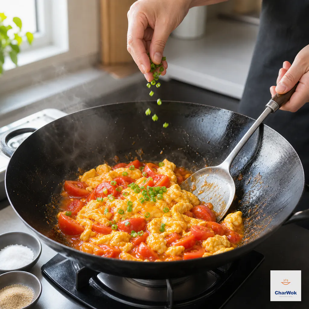 Chopped scallion is sprinkled as large egg pillows are gently folded into juicy tomato wedges and light sauce