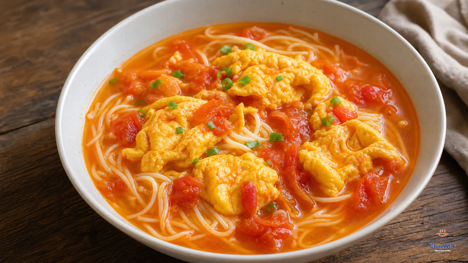 Straight Chinese wheat noodles in clear red-orange peeled-tomato soup with large soft folded egg curds, collapsed tomato pieces and scallions