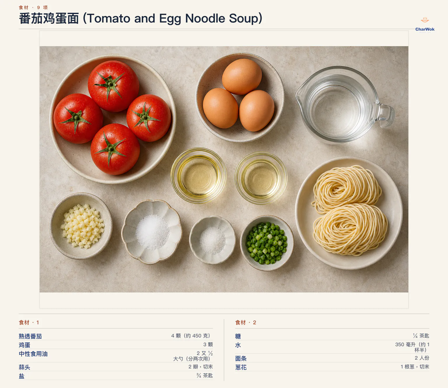 番茄鸡蛋面 (Tomato and Egg Noodle Soup)完整食材俯拍平铺图
