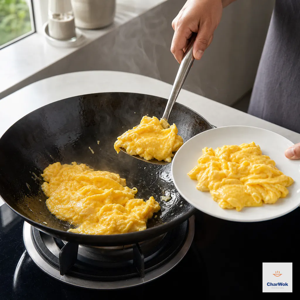 Large soft golden egg curds are lifted from a hot carbon-steel wok while their folds remain glossy and moist