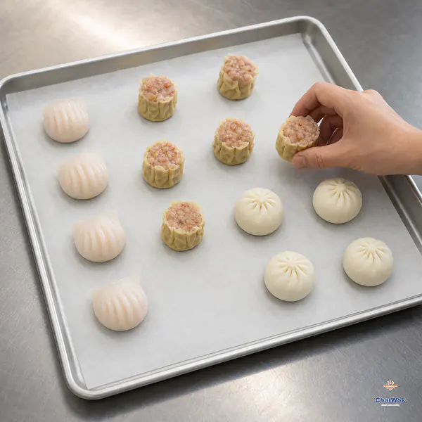 A hand spaces uncooked har gow, siu mai and small pleated buns apart on a parchment-lined rimmed tray before freezing