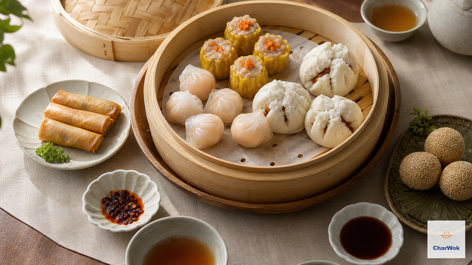 A Cantonese dim sum spread with har gow, siu mai, steamed buns, spring rolls, sesame balls, dipping sauces and tea around bamboo steamers