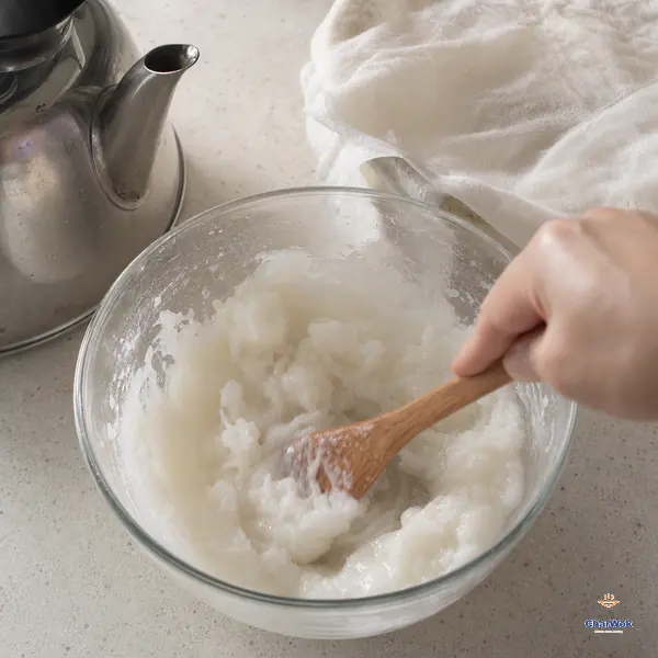 A wooden spoon stirs freshly scalded wheat starch into warm moist semi-translucent clumps beside a plain kettle and a damp cloth