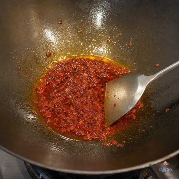 A flat wok spatula pushes bright brick-red chopped doubanjiang through medium-hot oil as a clear red-orange ring separates around the paste