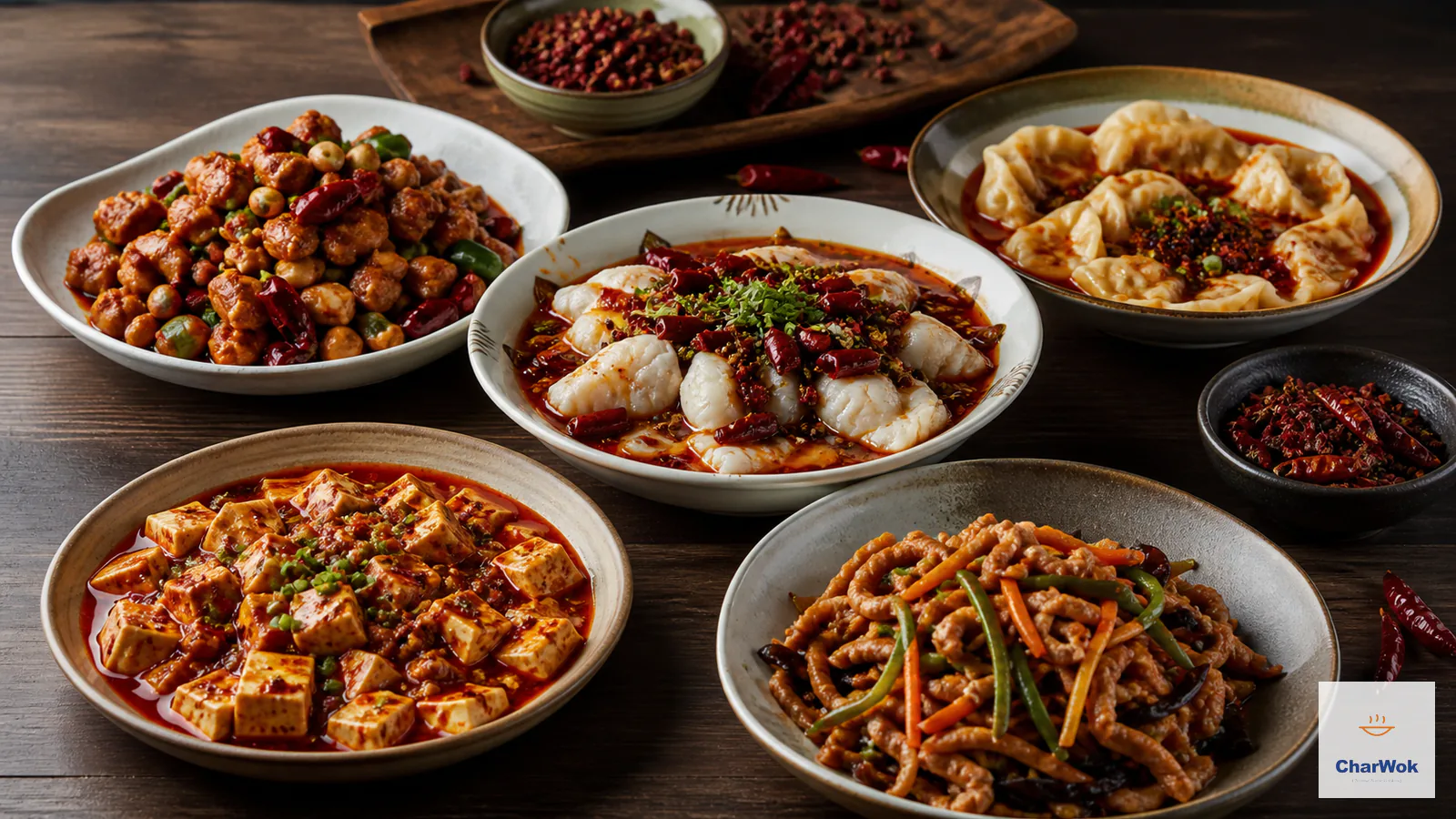 A Sichuan spread of mapo tofu, boiled fish, kung pao chicken, red-oil dumplings and shredded pork with chilies and peppercorns