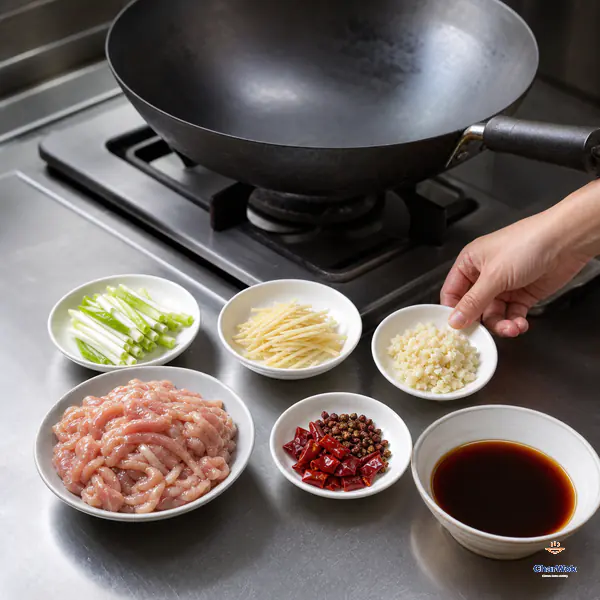 An unlit empty carbon-steel wok waits behind evenly sliced velveted pork, separated scallion, ginger and garlic, dried chilies, peppercorns and premixed sauce