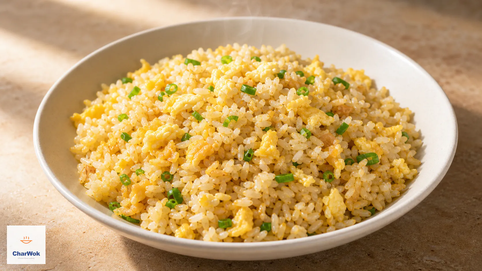 Traditional egg fried rice with dry, separate pale-golden grains, glossy egg curds, and sliced scallion on a white ceramic plate