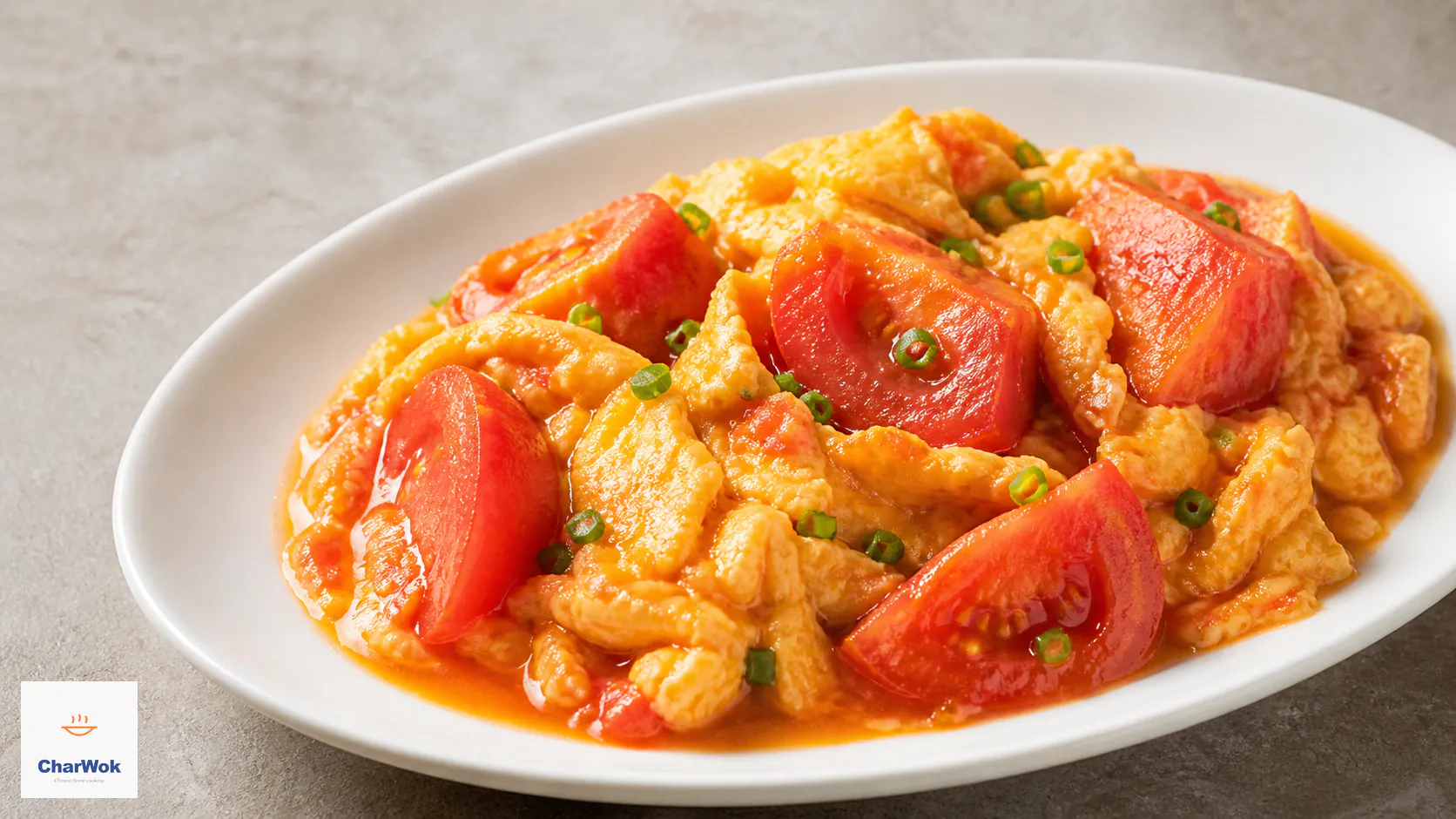 Traditional Chinese tomato egg stir-fry with soft golden egg pillows, juicy red tomato wedges, light tomato sauce, and chopped scallion on a white oval plate