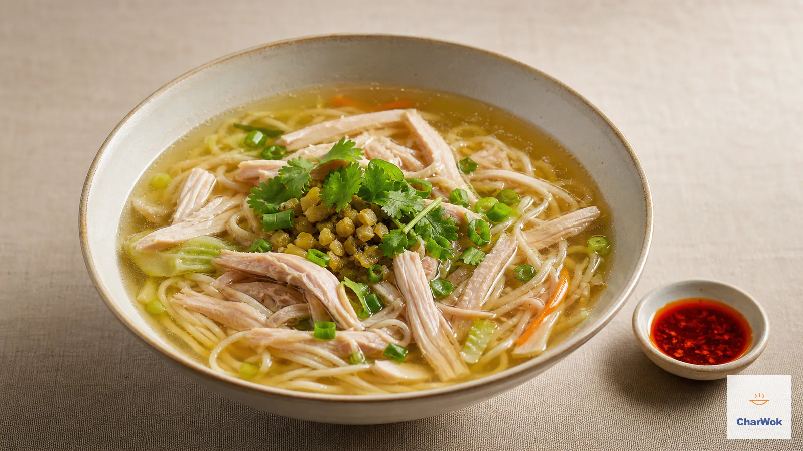 Clear golden turkey noodle soup with thin wheat noodles, shredded roast turkey, cooked vegetables, zha cai, scallion, cilantro and chili oil