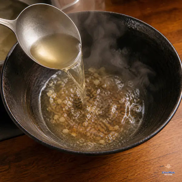 A ladle pours steaming clear golden turkey broth directly over minced garlic, soy sauce, black vinegar, sesame oil and white pepper in a dark empty bowl