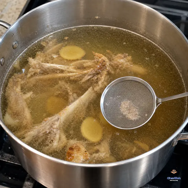 A fine-mesh skimmer lifts the last grey-white foam from clear golden turkey-carcass broth with ginger while only occasional tiny bubbles break