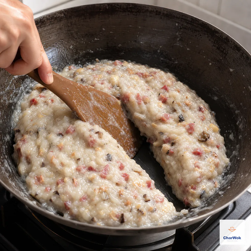 A broad spatula pulls a clean channel through heavy slightly translucent daikon paste flecked with sausage, shrimp, and shiitake in a wok