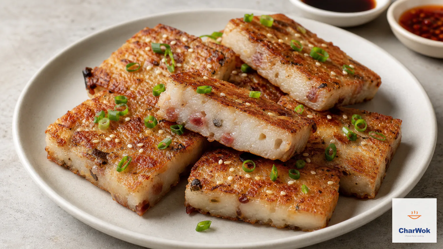 Pan-fried Cantonese turnip cake slices with crisp deep-golden faces and a tender white daikon interior flecked with lap cheong, dried shrimp, and shiitake, finished with sesame and scallion