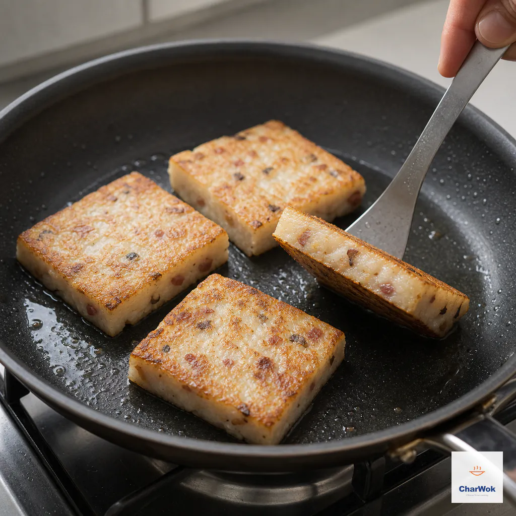 One thick turnip cake slice is lifted at the edge in a skillet to reveal an evenly browned crust while three more slices fry in a thin film of oil