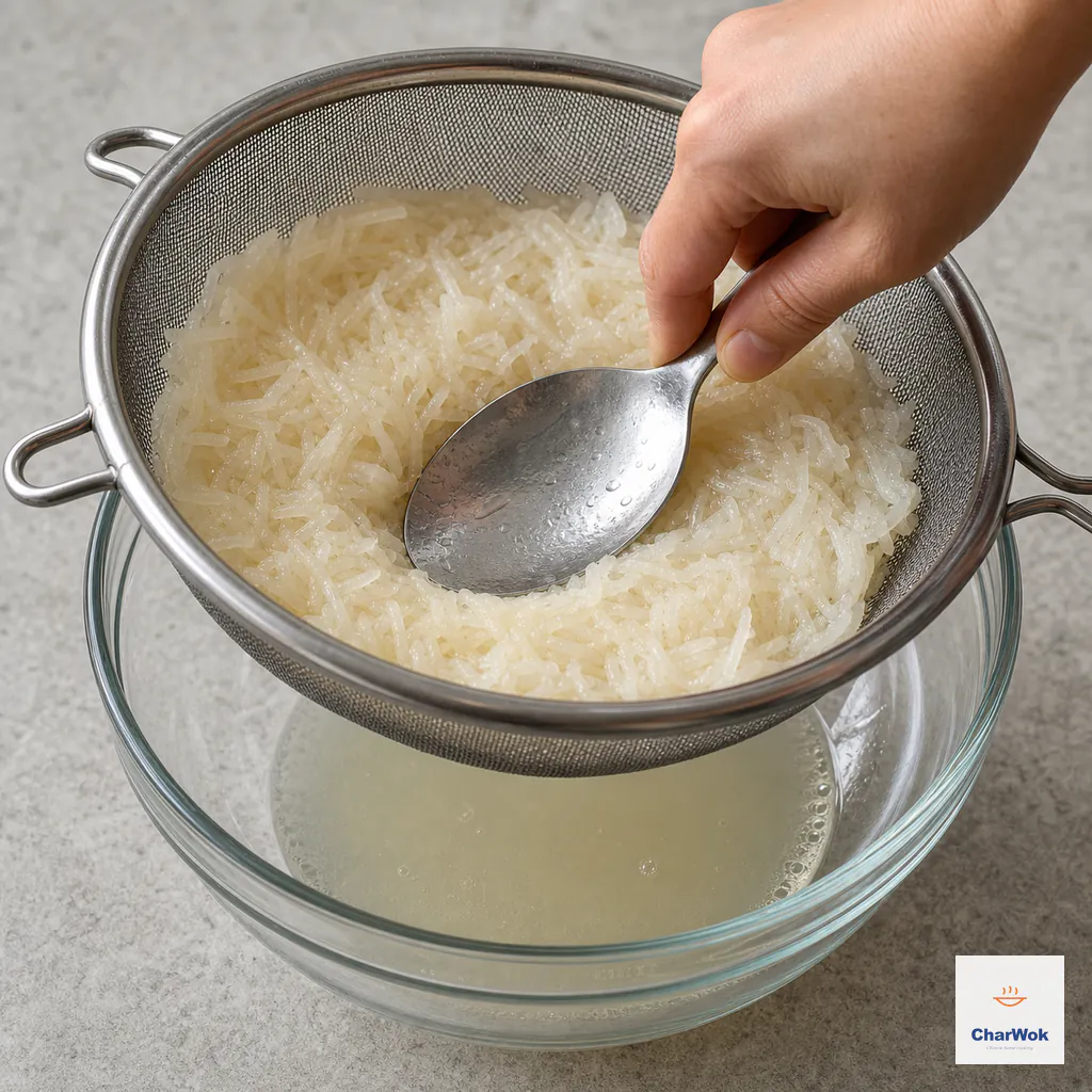 A spoon presses limp cooked daikon shreds firmly in a fine sieve while pale cooking liquid collects in the glass bowl below