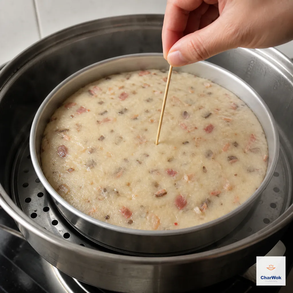 A wooden skewer checks the firm center of a pale turnip cake in a round metal tin inside a stovetop steamer