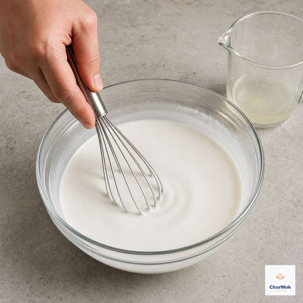 A hand whisks rice flour and starch into cooled pale daikon cooking liquid until the off-white slurry is smooth and pourable