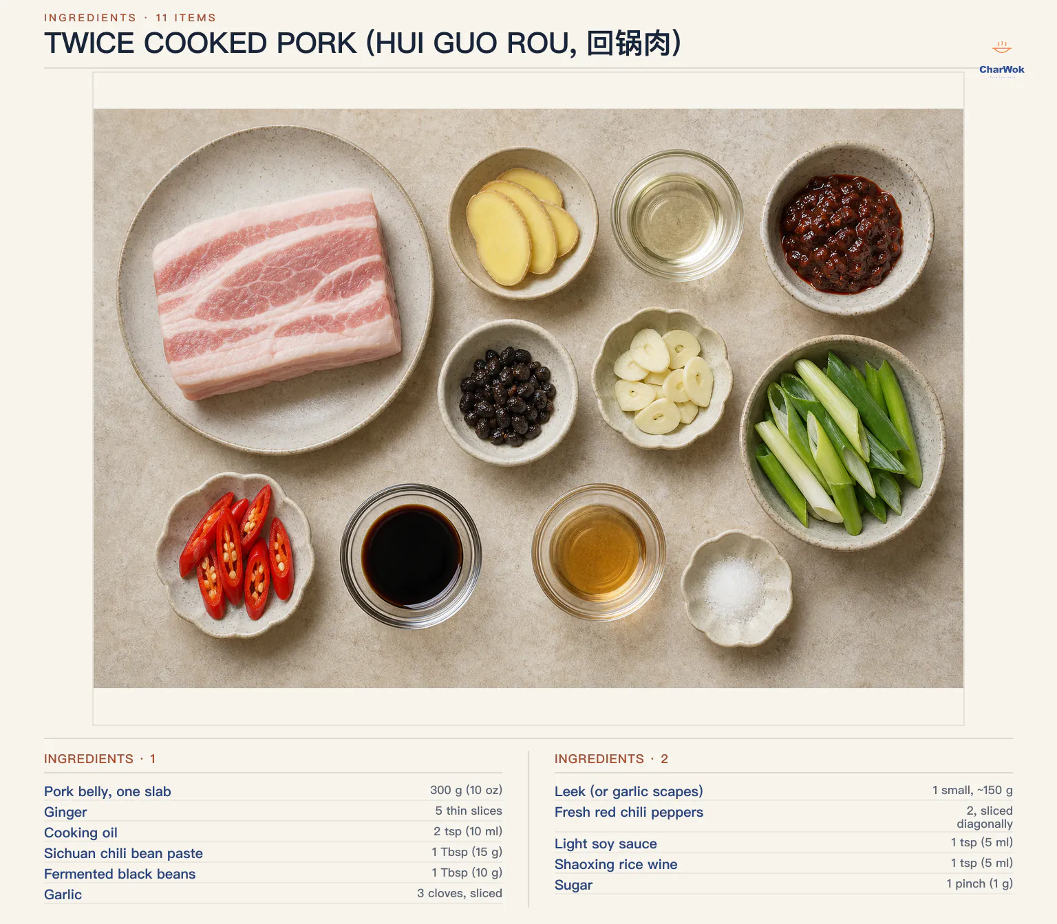 Ingredients for Twice cooked pork (Hui Guo Rou, 回锅肉), arranged in a top-down flat lay