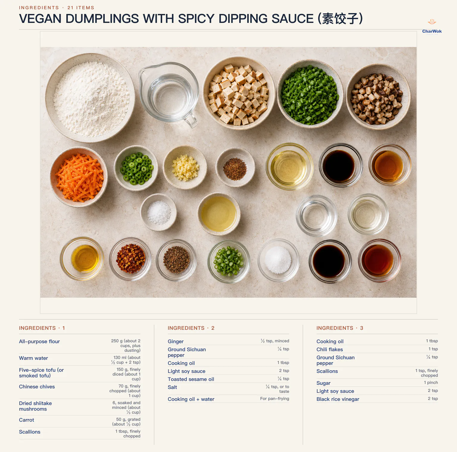 Ingredients for Vegan dumplings with spicy dipping sauce (素饺子), arranged in a top-down flat lay