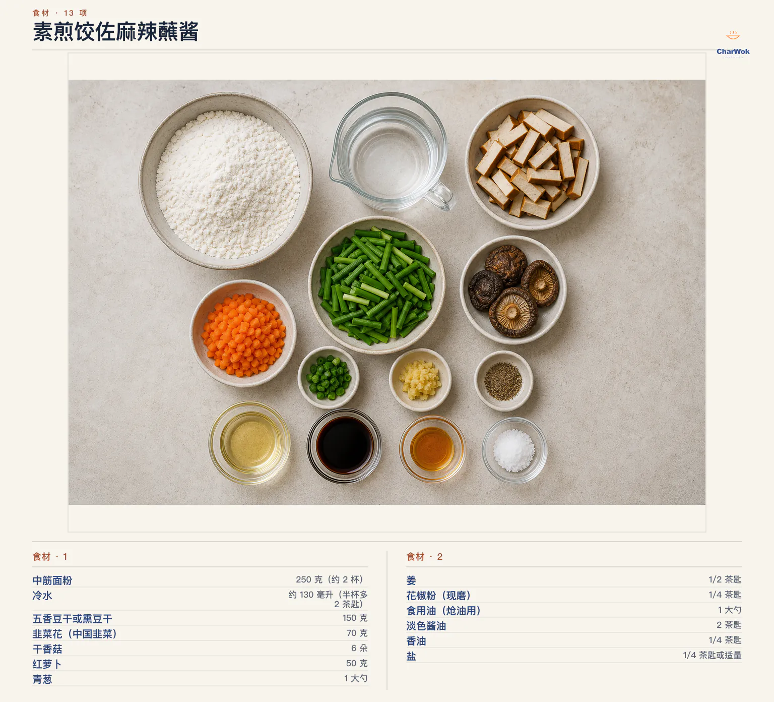 素煎饺佐麻辣蘸酱完整食材俯拍平铺图