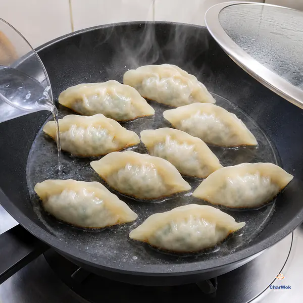 Clear water pours along a frying-pan edge around ten spaced crescent dumplings with light-golden bottoms, rising to about one-third of their height beside a ready lid