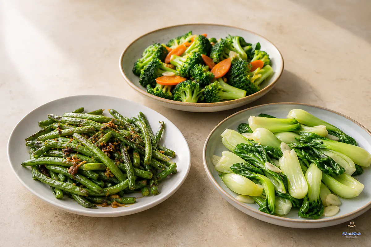 Three Chinese vegetable dishes: dry-fried green beans, garlic broccoli and bok choy