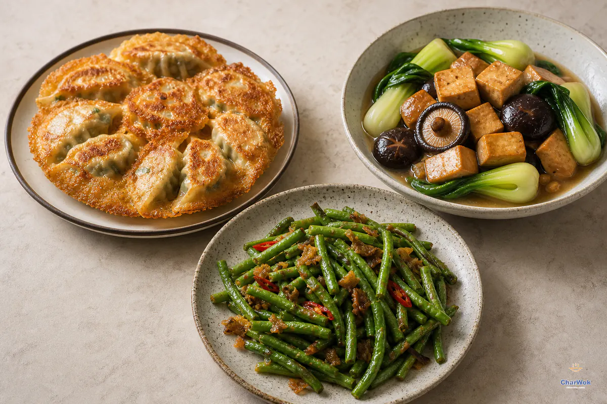 Vegetable potstickers, braised tofu with mushrooms and bok choy, and dry-fried green beans