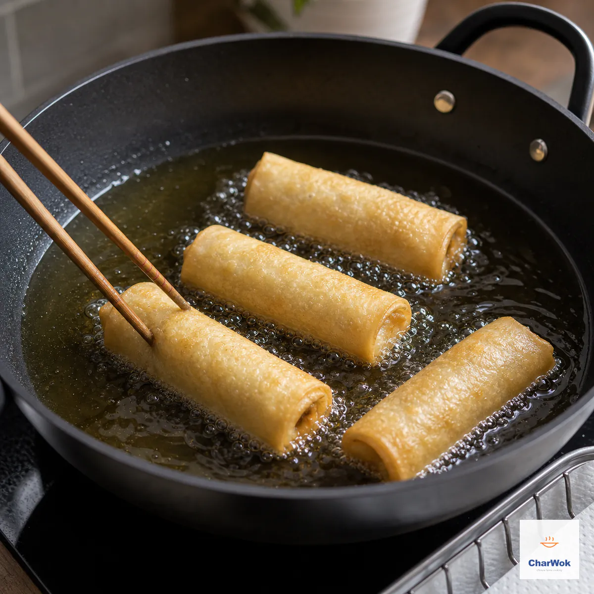 Four intact spring rolls fry seam-side down in an uncrowded single layer with steady small bubbles and evenly pale-golden blistered wrappers