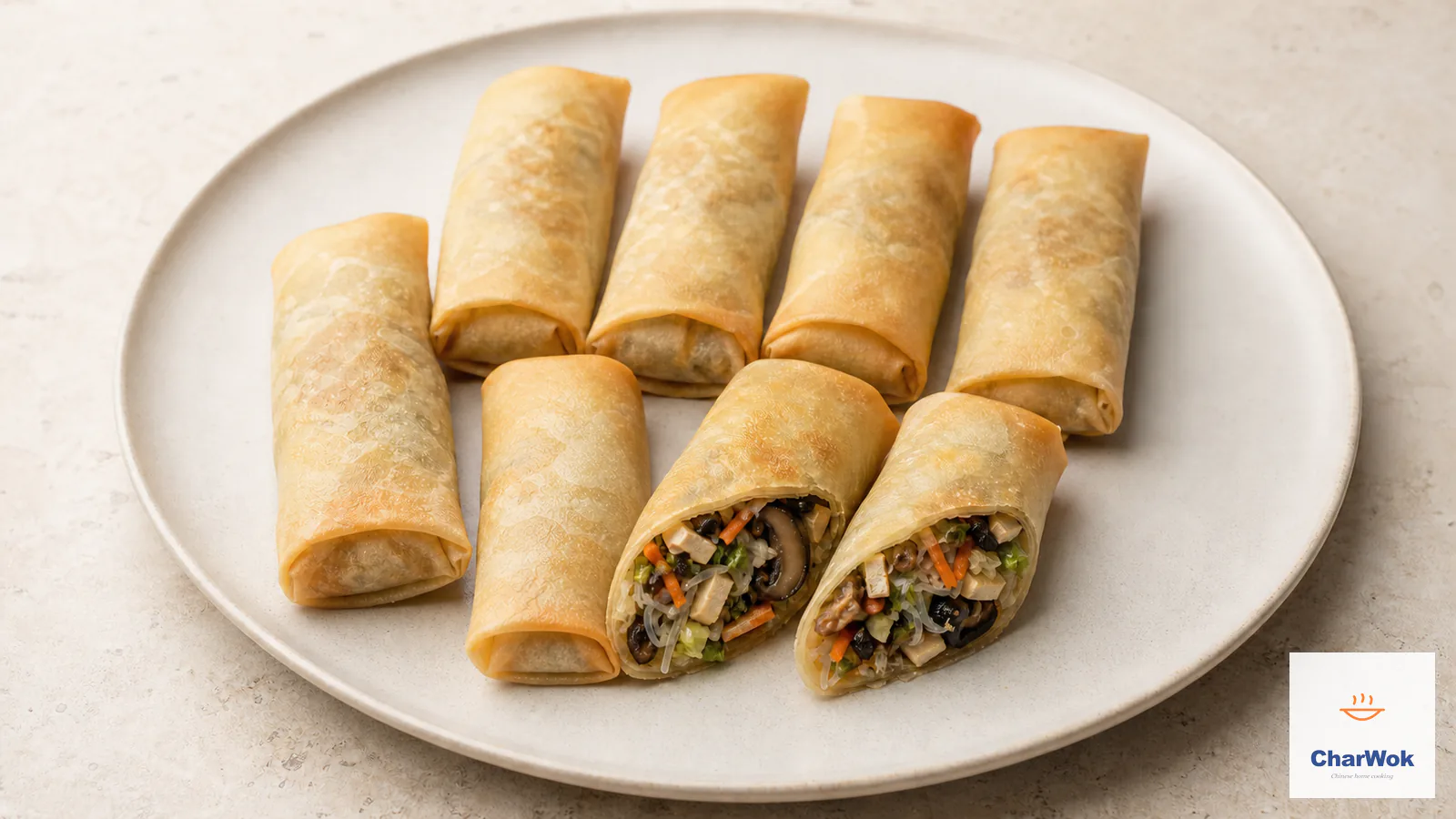 Eight pale-golden vegetarian spring rolls with thin blistered wheat wrappers, including two cut open to show pressed tofu, shiitake, wood ear, glass noodles, carrot, and bok choy