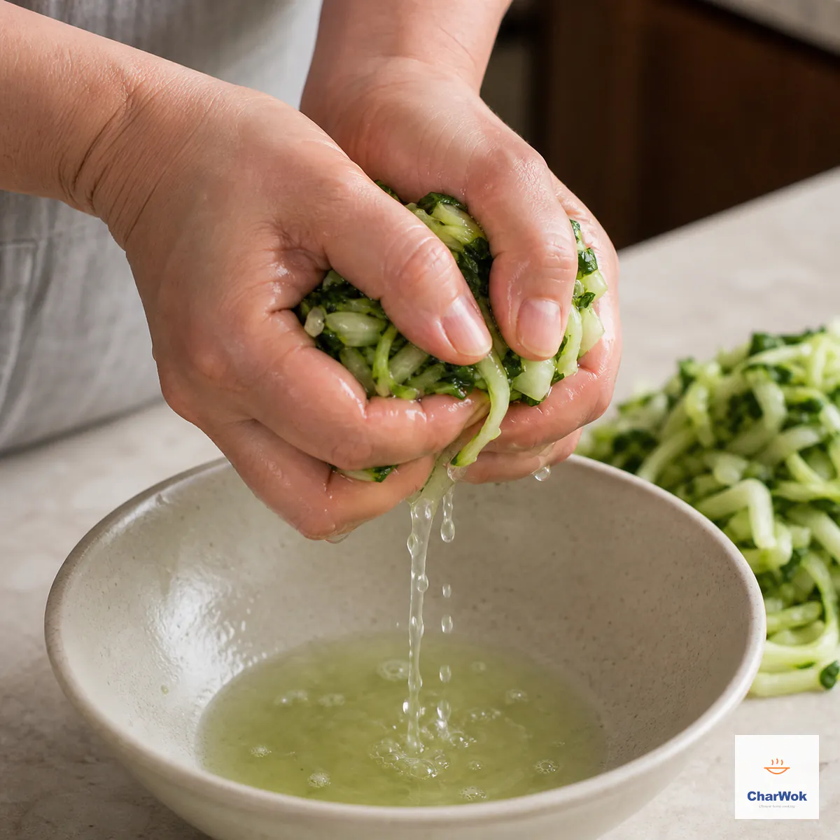 Two hands squeeze salted finely sliced bok choy over a bowl while a clear stream of released water drains from the compact greens