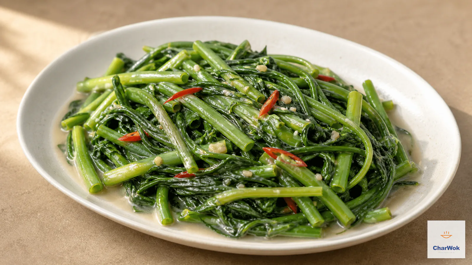 Glossy water spinach stir-fry with vivid green hollow stems and wilted leaves, coarse garlic and thin red chili in a light fermented-tofu sauce