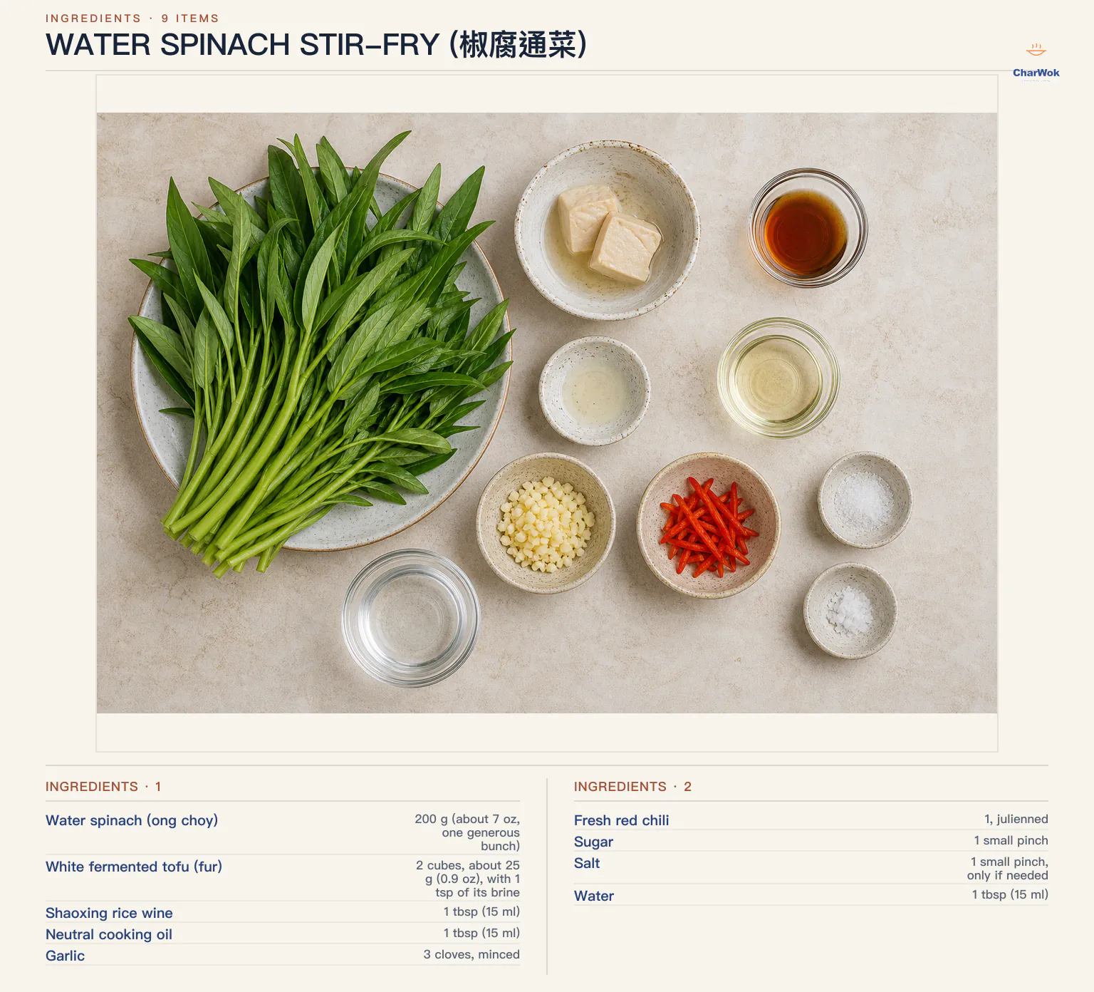 Ingredients for Water Spinach Stir-Fry (椒腐通菜), arranged in a top-down flat lay