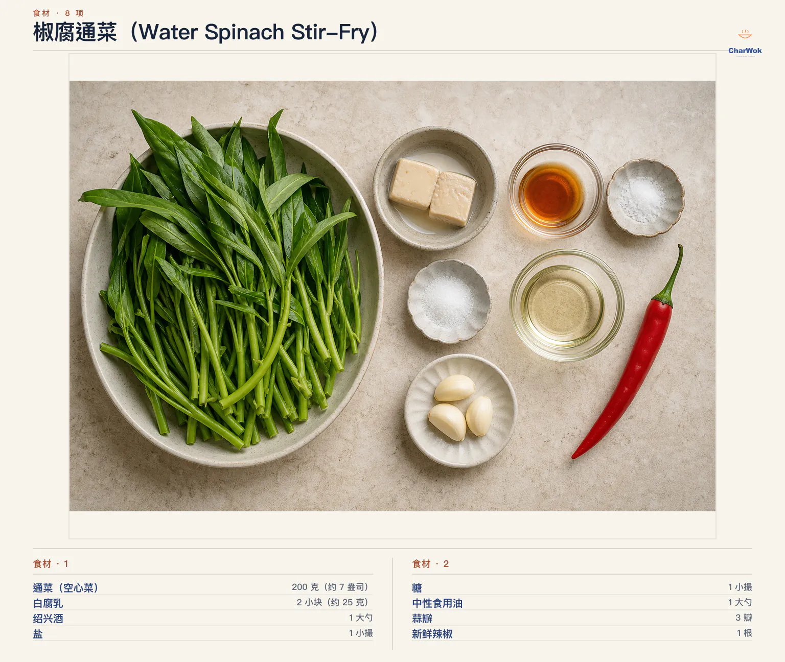 椒腐通菜(Water Spinach Stir-Fry)完整食材俯拍平铺图