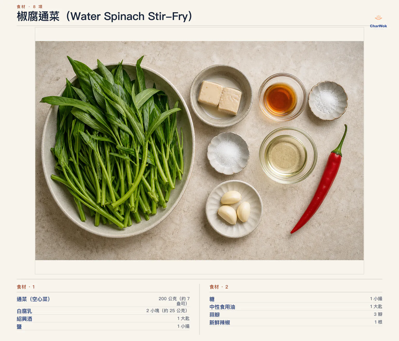 椒腐通菜(Water Spinach Stir-Fry)完整食材俯拍平鋪圖