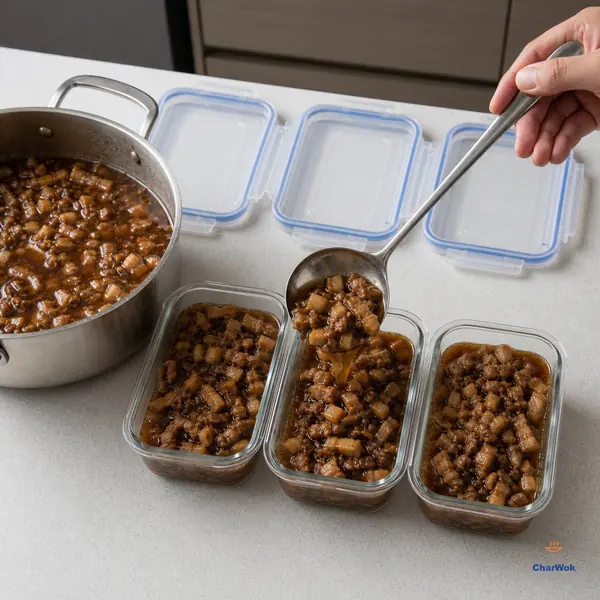 A ladle divides glossy soy-braised hand-cut pork belly with distinct lean and fat layers from a large pot into three plain glass freezer containers