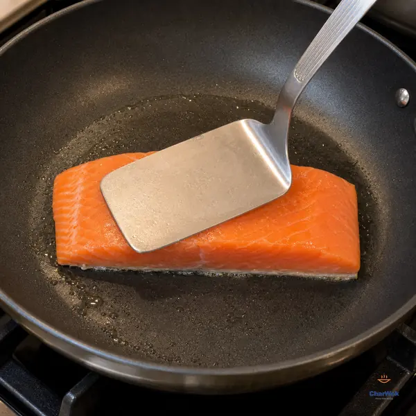 A broad metal spatula presses the coral flesh of one skin-on salmon fillet so the narrow silver skin edge stays flat against a lightly oiled hot pan