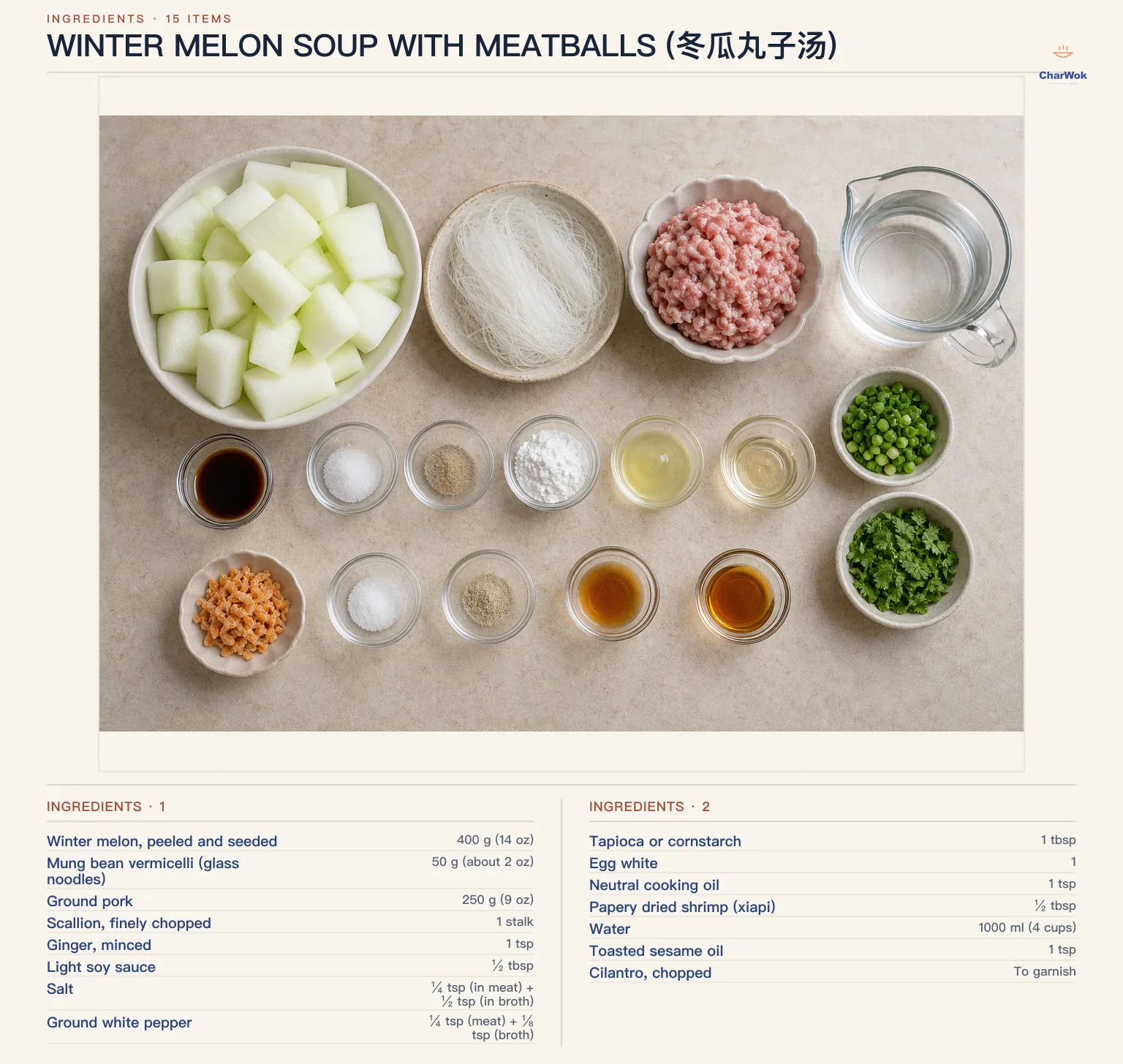 Ingredients for Winter Melon Soup with Meatballs (冬瓜丸子汤), arranged in a top-down flat lay