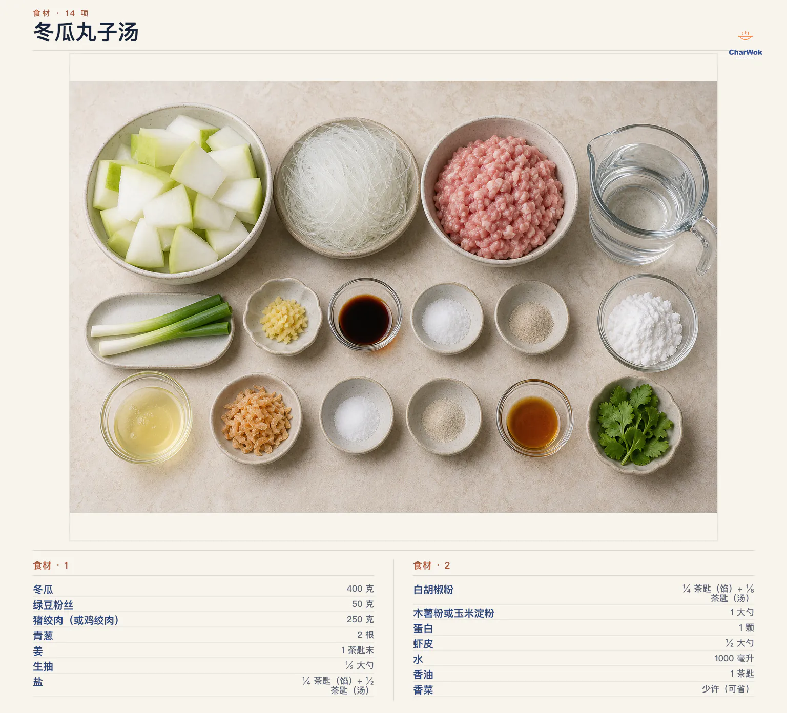 冬瓜丸子汤完整食材俯拍平铺图