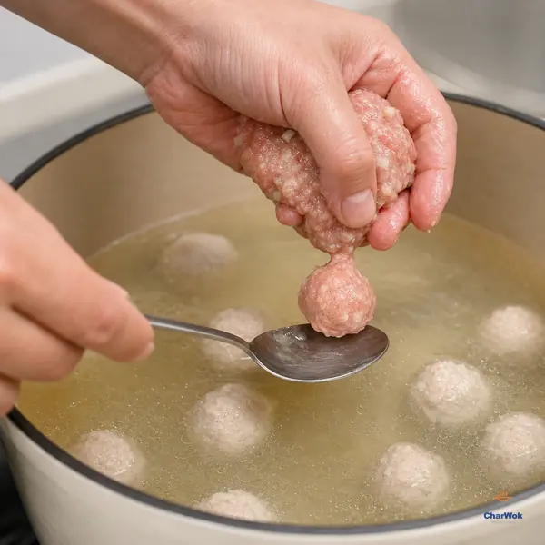 One hand squeezes a walnut-sized raw pork ball toward a spoon above clear golden broth where several pale meatballs poach amid only tiny bubbles