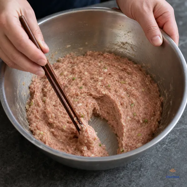 Chopsticks drag a clean-bottomed curved furrow through seasoned ground pork that clings in one heavy mound and holds a soft peak against a mostly clean steel bowl