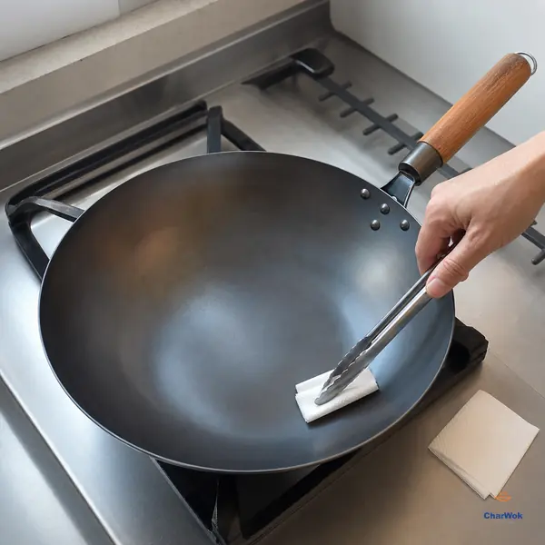 Metal tongs hold a folded paper towel against a clean gunmetal carbon-steel wok, spreading neutral oil into a barely visible even sheen with no beads or pools