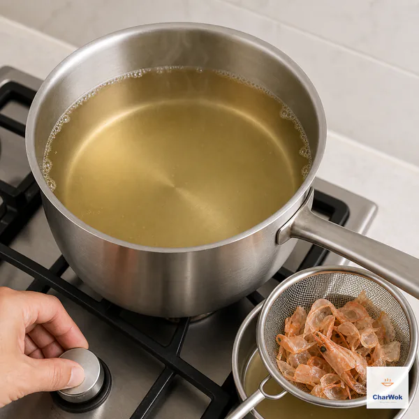 Shrimp shells are strained from a clear pale-golden broth that shows only a few tiny bubbles around the saucepan edge