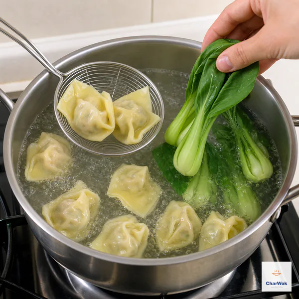 Eight to ten intact wontons float at the surface while bright green bok choy is lowered into the same gently simmering water for the final seconds