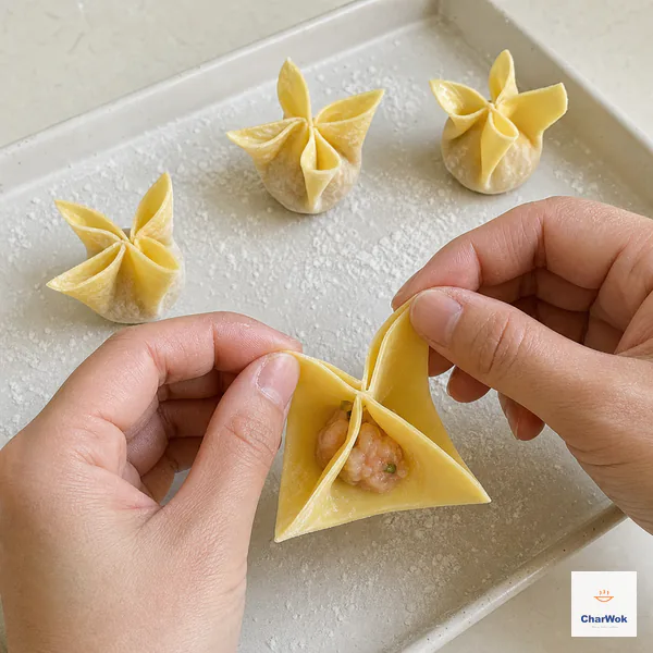Hands bring the four pointed corners of a thin square wonton wrapper around one level teaspoon of filling, leaving the edges dry