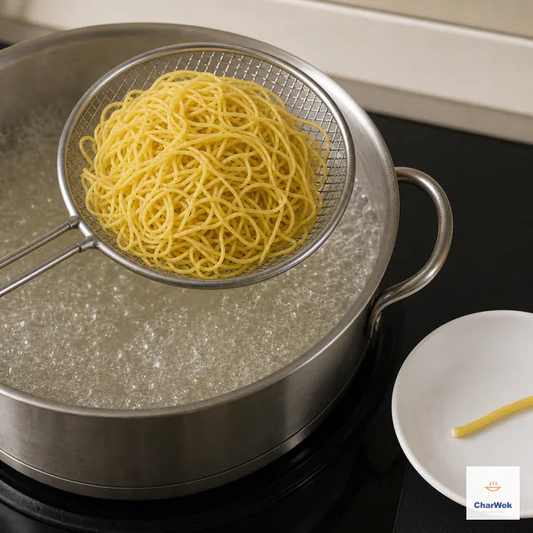 A wire skimmer lifts very thin yellow egg noodles from a separate pot of plain water while one cut strand still shows a pinprick white core